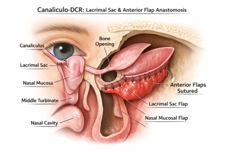 Surgical diagram of Canaliculo-DCR showing the lacrimal sac and anterior flap anastomosis